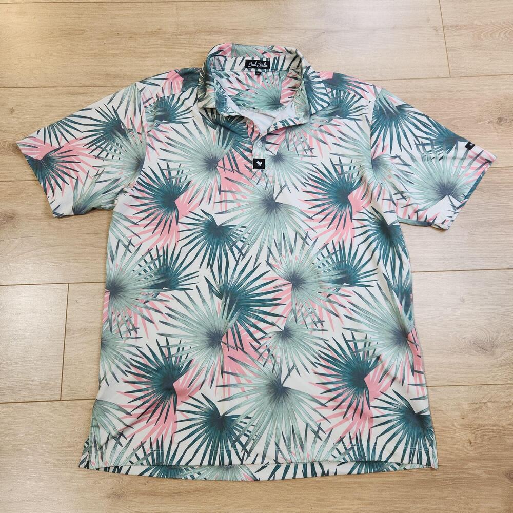 Bad Birdie Polo Shirt Mens Large Pink Green Palm Print Golf Performance Stretch